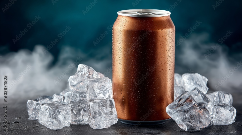 Poster can of soda is sitting on a table next to a pile of ice. the ice is melting and creating a foggy atm