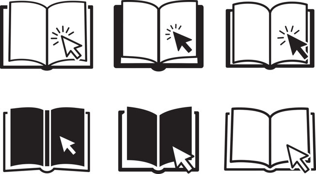 Collection of open books with cursor click silhouette