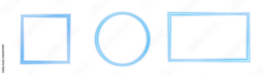 Fototapete a set of glowing blue frames - square, round and rectangular on a white background. abstract light c