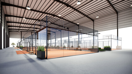 corner view of empty padel paddle tennis terracotta color court with glass structure