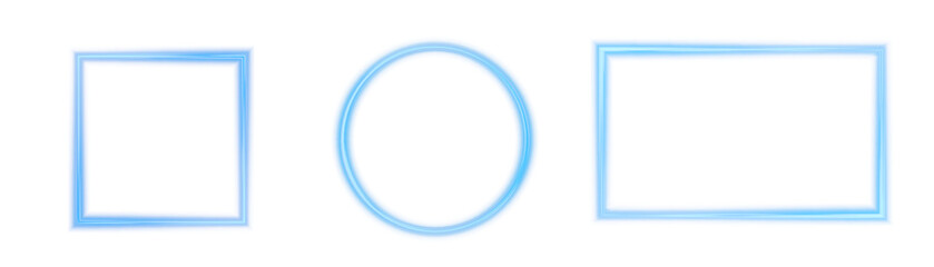 A set of glowing blue frames - square, round and rectangular on a white background. Abstract light contours are suitable for text design, interfaces and digital presentations. © MAKSYM