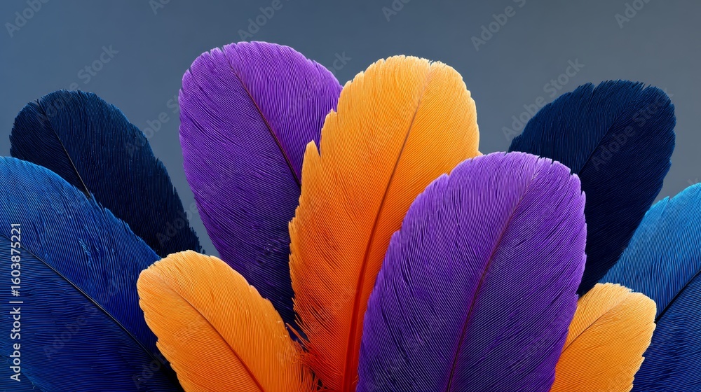 Poster colorful array of feathers with purple, orange, and blue hues. the feathers are arranged in a way th