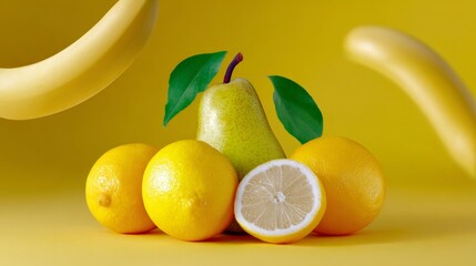 Bunch of fruit including a lemon, a pear, and a banana. The lemon is cut in half and the pear is sitting on top of the other fruit