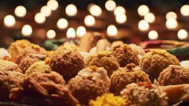 Festive Indian sweets with diya lights.