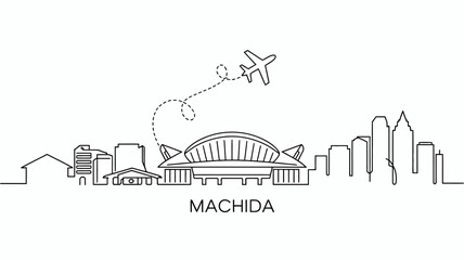 Fototapeta premium Machida City Skyline Outline with Airplane and Dotted Route Illustration Travel and Urban Landscape Concept Depicting Japanese Urban Scenery