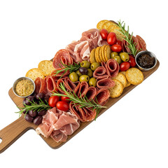 Rustic wooden board charcuterie platter with prosciutto salami olives tomatoes isolated on a transparent background png, cut out, clipping path, social media, Advertisement, high quality, HD photo.