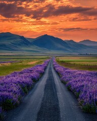 Obraz premium Scenic lavender field road at vibrant sunset