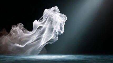 Fototapeta premium White smoke cloud is floating in the air above a dark blue water surface. The smoke is billowing and swirling, creating a sense of movement and energy. The image evokes a feeling of freedom