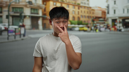 Fototapeta premium Young man making a watchful gesture on a city street, highlighting vibrant urban life and cultural diversity with buildings and blurred pedestrians in the background.