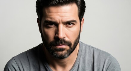 Obraz premium Intense Portrait of a Bearded Man with Serious Expression and Dark Hair
