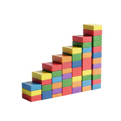 Fototapeta premium Colorful wooden blocks arranged in ascending bar graph steps isolated on a transparent background png, cut out, clipping path, social media, Advertisement, high quality, HD photo, close up, web.