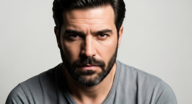 Intense Portrait of a Bearded Man with Serious Expression and Dark Hair