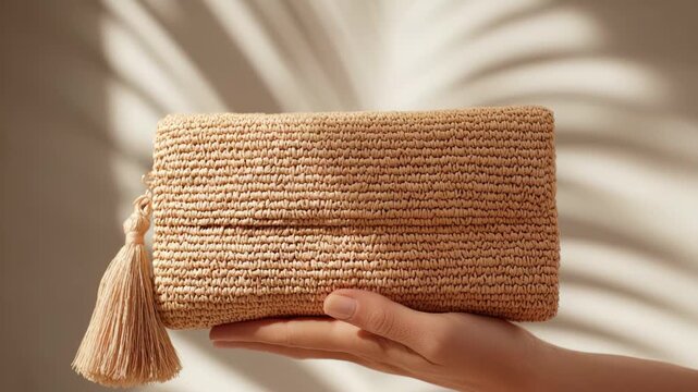 Handcrafted raffia clutch showcases intricate weaving and natural textures, perfect accessory