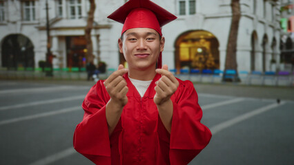 Young man in red graduation robe making heart gesture outdoors on city street.
