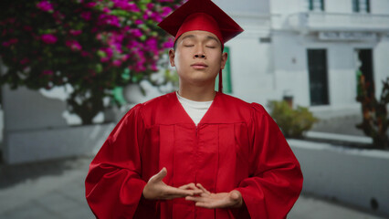 Young man wearing red graduation gown and cap outdoors, standing on a city street with flowers and...