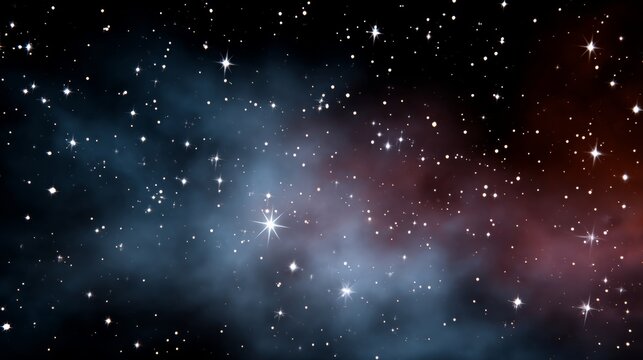 Starry sky with a blue and red cloud in the background. The stars are scattered throughout the sky, with some closer together and others further apart