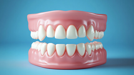 Obraz premium Healthy human teeth model on blue background dental care oral hygiene teeth whitening