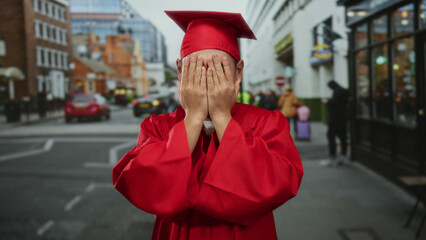 Graduate student in red gown on an urban street displays a range of emotions during a celebratory outdoor moment in a bustling city environment.