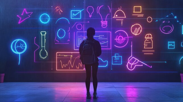 Young student exploring interactive neon interface, a hub of knowledge