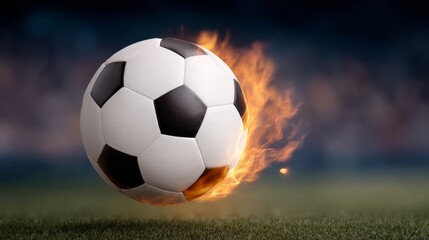 Naklejka premium Soccer ball with a black and white pattern is on fire. The ball is on a field with a crowd of people watching