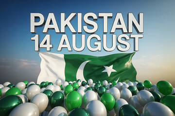 Celebrate Pakistan's Independence Day with a vibrant display of national pride featuring the flag and festive balloons under a clear sky.