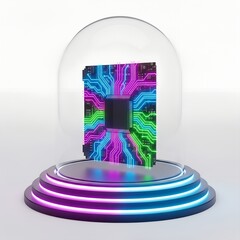 Futuristic circuit board with glowing neon lines encased in glass dome on illuminated platform, jpg.