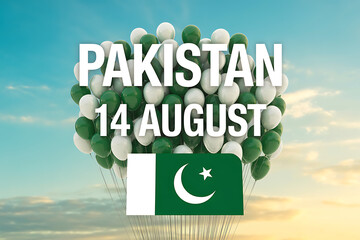 Celebrate Pakistan's Independence Day with vibrant green and white balloons and the national flag against a beautiful sky