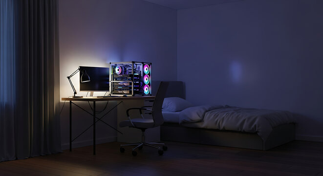 A dimly lit bedroom workspace with a computer setup and a bed, showcasing a gaming or tech-focused interior.