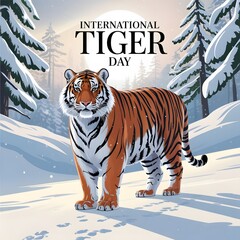 A banner in honor of the International Tiger Day, a majestic tiger looking confidently ahead. The background is in warm orange tones, symbolizing the sunset. "Happy International Tiger Day!"