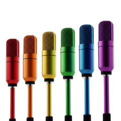 Six colorful microphones on stands arranged in a row isolated on a transparent background png, cut out, clipping path, social media, Advertisement, high quality, HD photo, close up,  web, banner, post