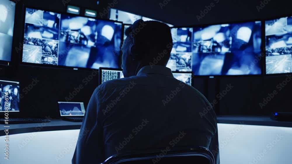 Poster control room operator multitasking on multiple monitors, perfect for hightech business presentations