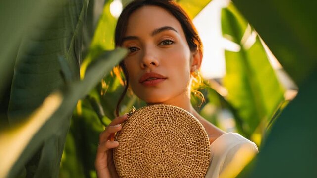 Elegant woman in lush greenery holds woven raffia accessory, embodying summer vibes