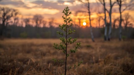 Single Young Tree at Sunset in Blurred Forest