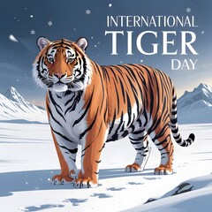 A banner in honor of the International Tiger Day, a majestic tiger looking confidently ahead. The background is in warm orange tones, symbolizing the sunset. "Happy International Tiger Day!"
