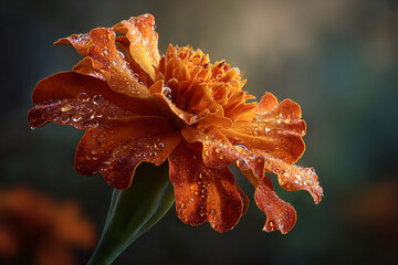 Sparkling dew drops on realistic marigold petals in vivid orange tones with soft green background