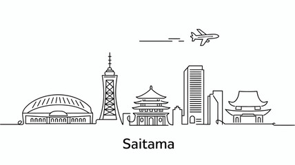 Obraz premium Saitama Skyline Vector Illustration with Airplane Minimalist Design for Travel and Tourism Promotion in Japan