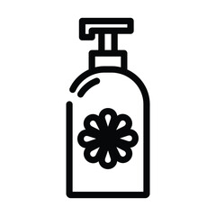 A black outline of a pump bottle with a flower