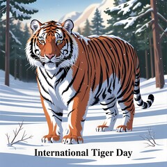 A banner in honor of the International Tiger Day, a majestic tiger looking confidently ahead. The background is in warm orange tones, symbolizing the sunset. "Happy International Tiger Day!"