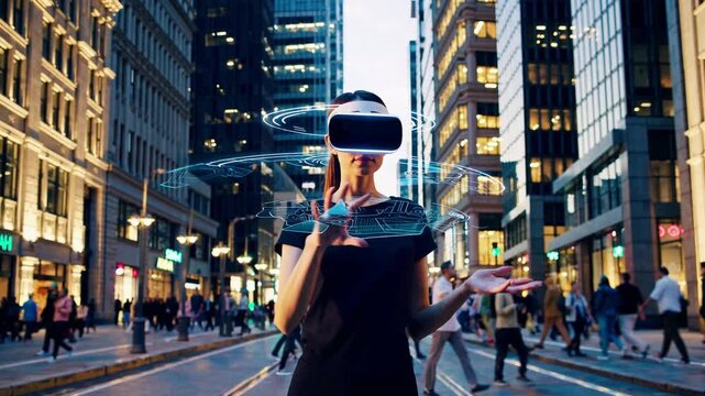 Vibrant City Stroll with Virtual Reality, Ideal for Fashion Tech Branding Inspires Innovation and Adventure.