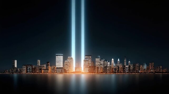 Illuminating tribute beams pierce night sky, honoring memory of lost souls
