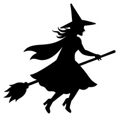 Witch flying on broomstick silhouette