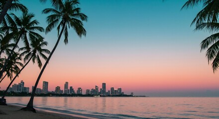 Mumbai skyline at sunrise with palm trees and serene beach view