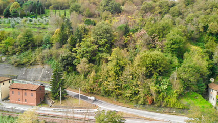 Aerial view of the iconic Devil’s Bridge in Tuscany, Italy, surrounded by scenic beauty