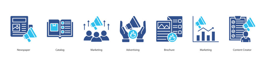 Promotional Media banner web icon set vector illustration concept with icon of newspaper, catalog, marketing, advertising, brochure, marketing, content creator