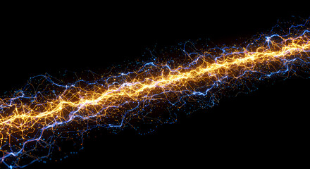 Naklejka premium Electric Energy Flow: Captivating display of vibrant electrical energy streaks dynamically across a black background. The radiant particles, in shades of gold and blue, evoke a sense of power.