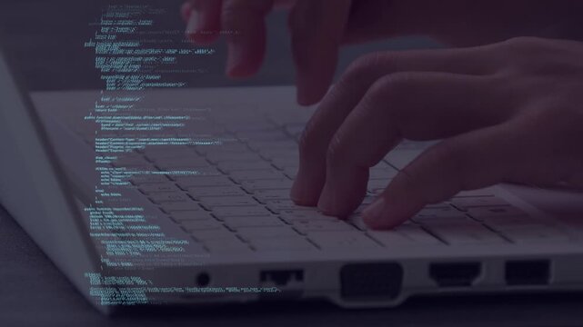 Animation of data processing over a woman's hand entering data on a keyboard. 
