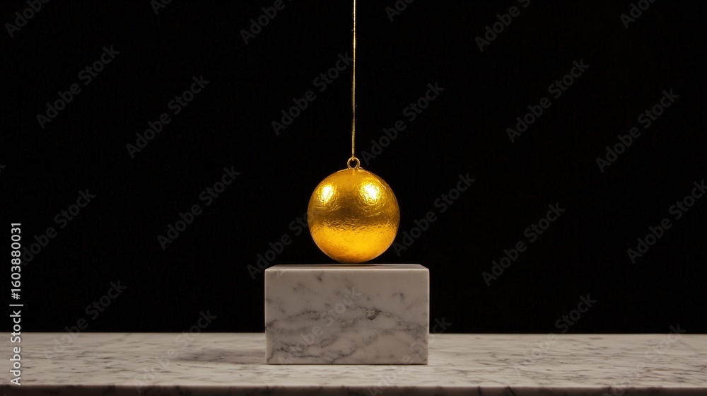 Poster a golden orb hangs from a string, suspended above a white marble block.