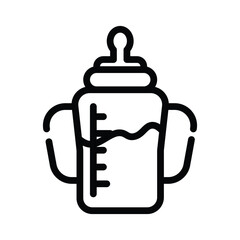 A baby bottle with handles and a nipple partially filled with markings on the side