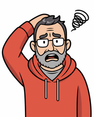Fototapeta premium Confused state of mind: A depiction of a middle-aged man grappling with confusion, wearing glasses and a concerned expression, illustrated to convey the concept of perplexity and unease.