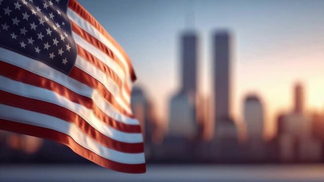 Waving flag foreground with iconic Twin Towers backdrop at sunset, symbolizing resilience